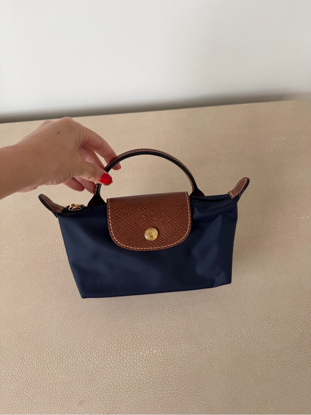 Longchamp Navy Mini Top-Handle Bag with Brown Leather Trim